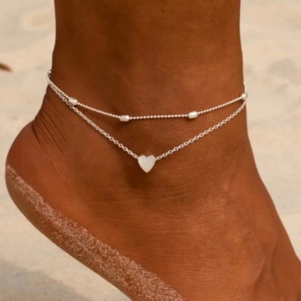 Heart Silver Chain Ankle Bracelet Leg Foot Jewelry Engagement Wedding Charm - Picture 1 of 3